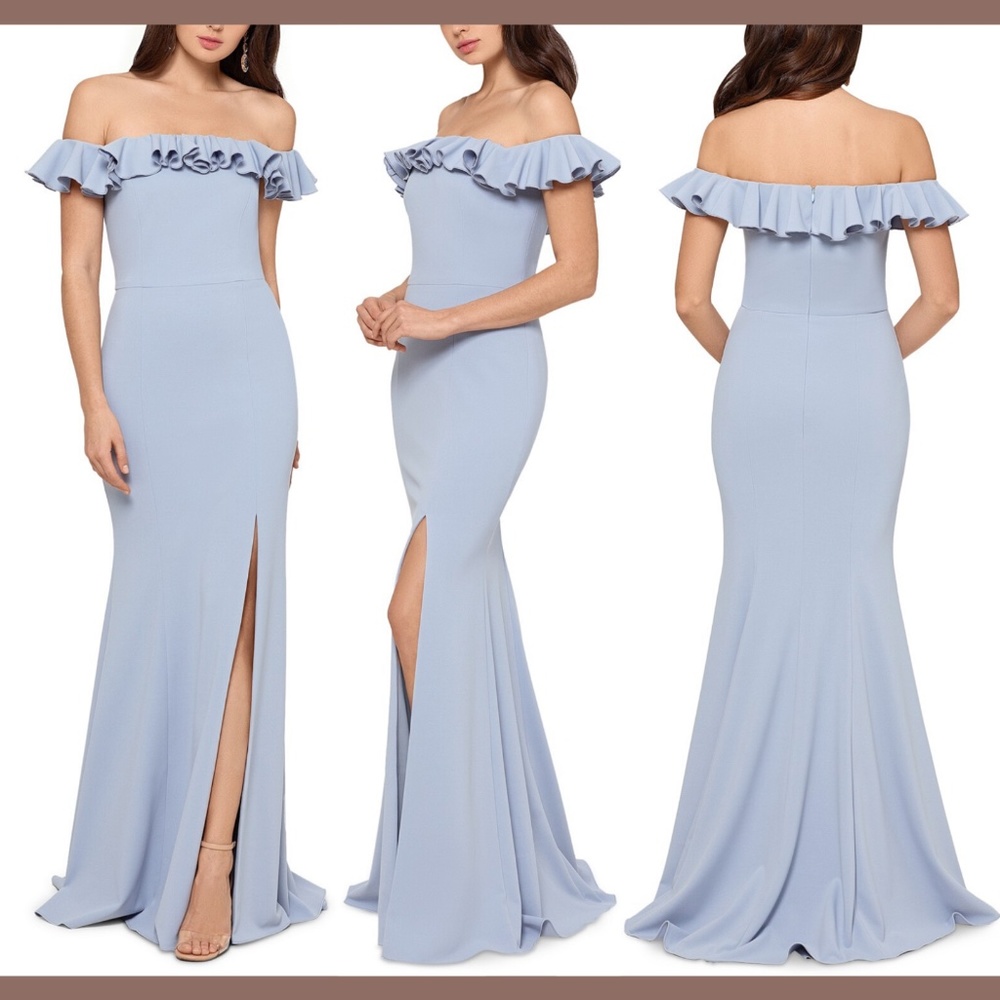 NWT $259 XSCAPE Ruffled‎ Off the Shoulder Gown in Sky Blue [SZ 8 ]